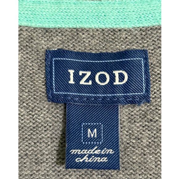 IZOD V-Neck Sweater-Gray with Teal & Yellow Argyle Knitted Front-Long Sleeve-M - Picture 5 of 6